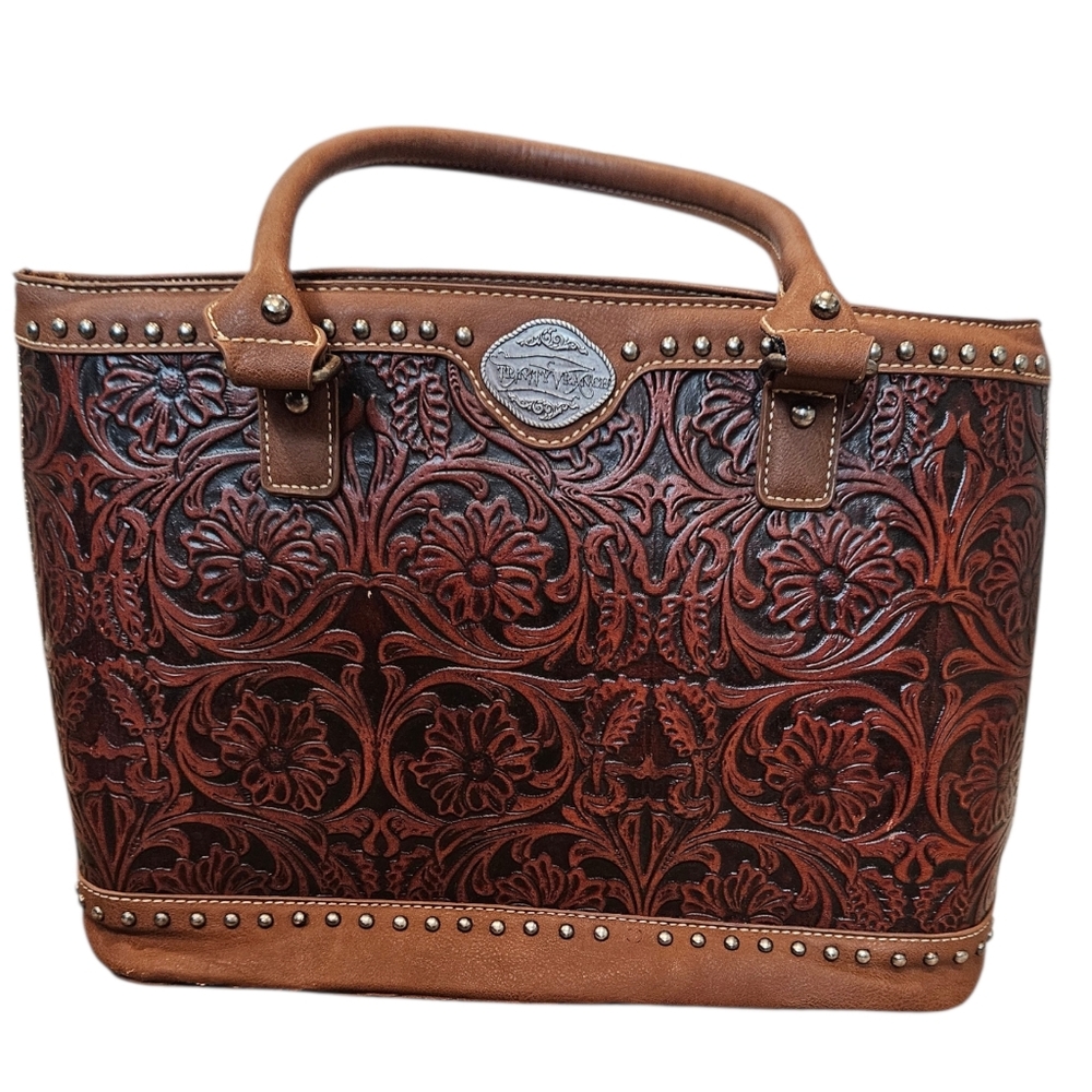 Trinity Ranch Tooled Leather Western Tote Studded Brown Handbag